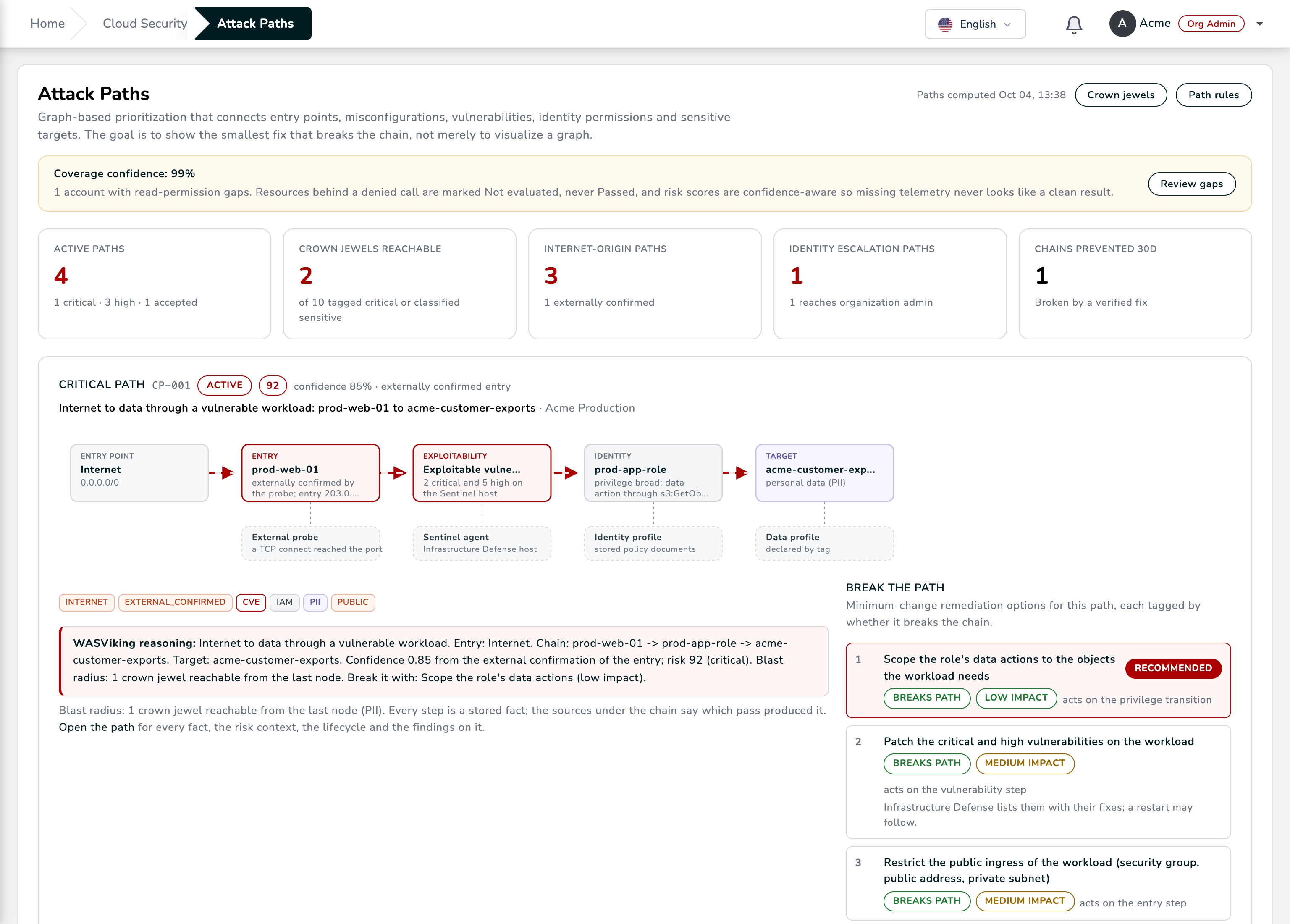 An attack path in the WASViking console: from the internet to a vulnerable workload, its role and a bucket with personal data, with the ranked options to break it