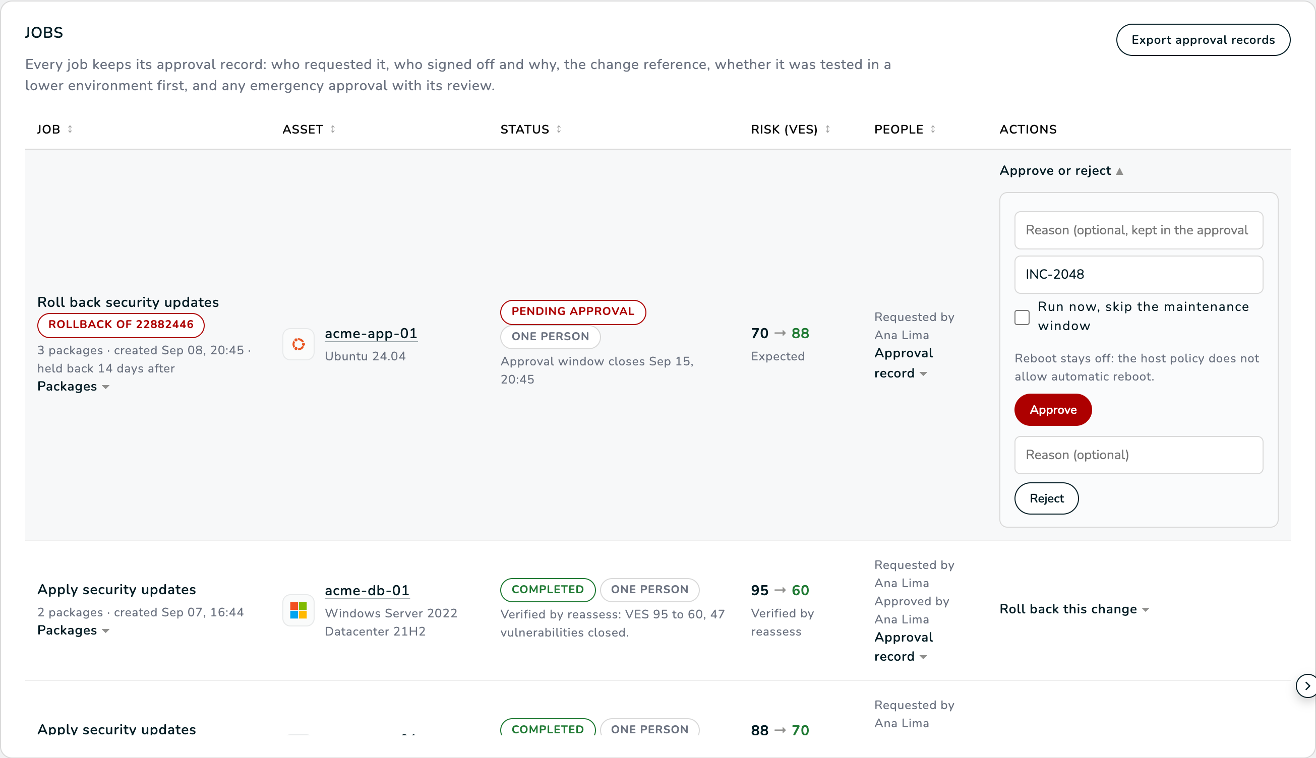 Patch jobs with their approval records in the WASViking console